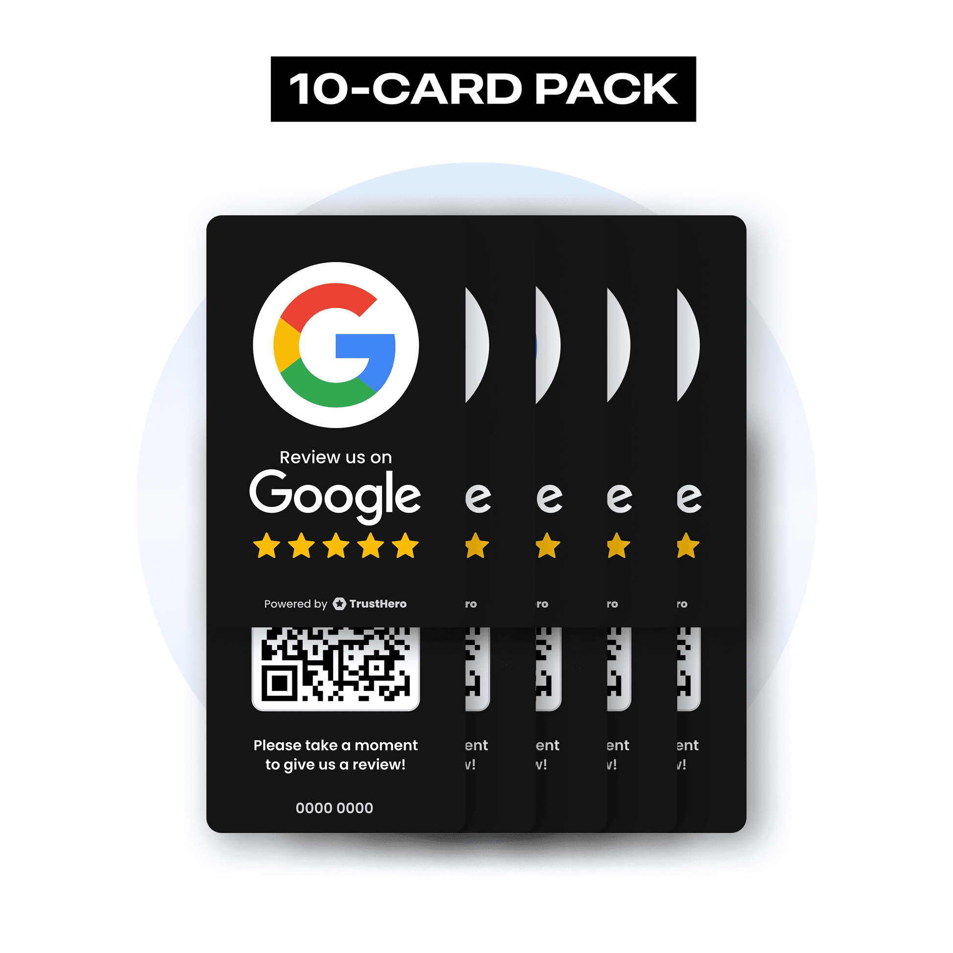 Pack of 10 black Google Review cards with QR codes and NFC chips for seamless feedback collection.