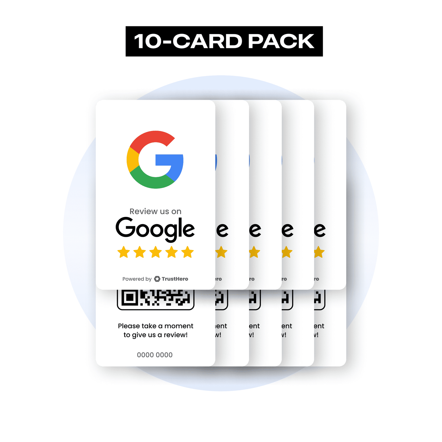 Pack of 10 white Google Review cards with QR codes and NFC chips for collecting reviews.