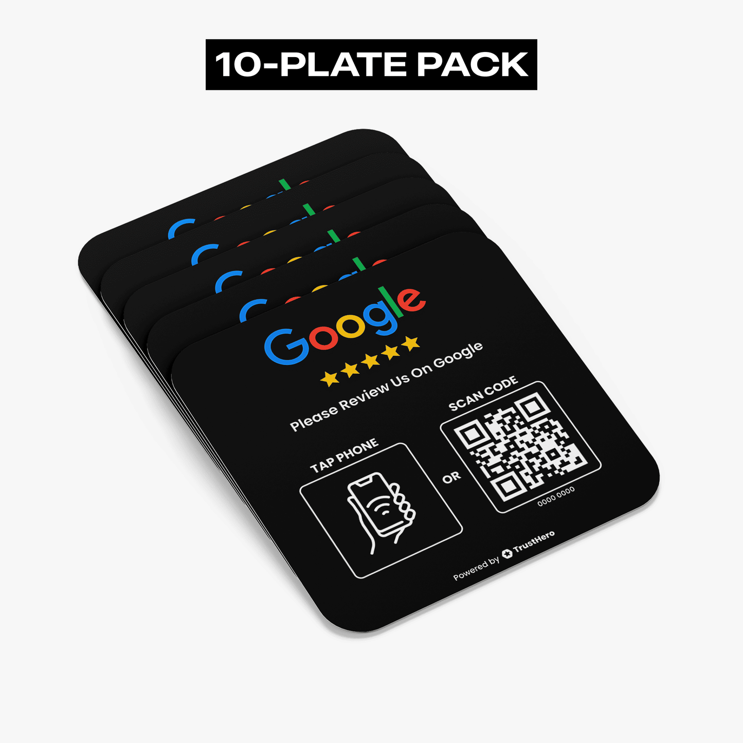 Pack of 2 black Google Review plates with QR codes and NFC chips for feedback collection.