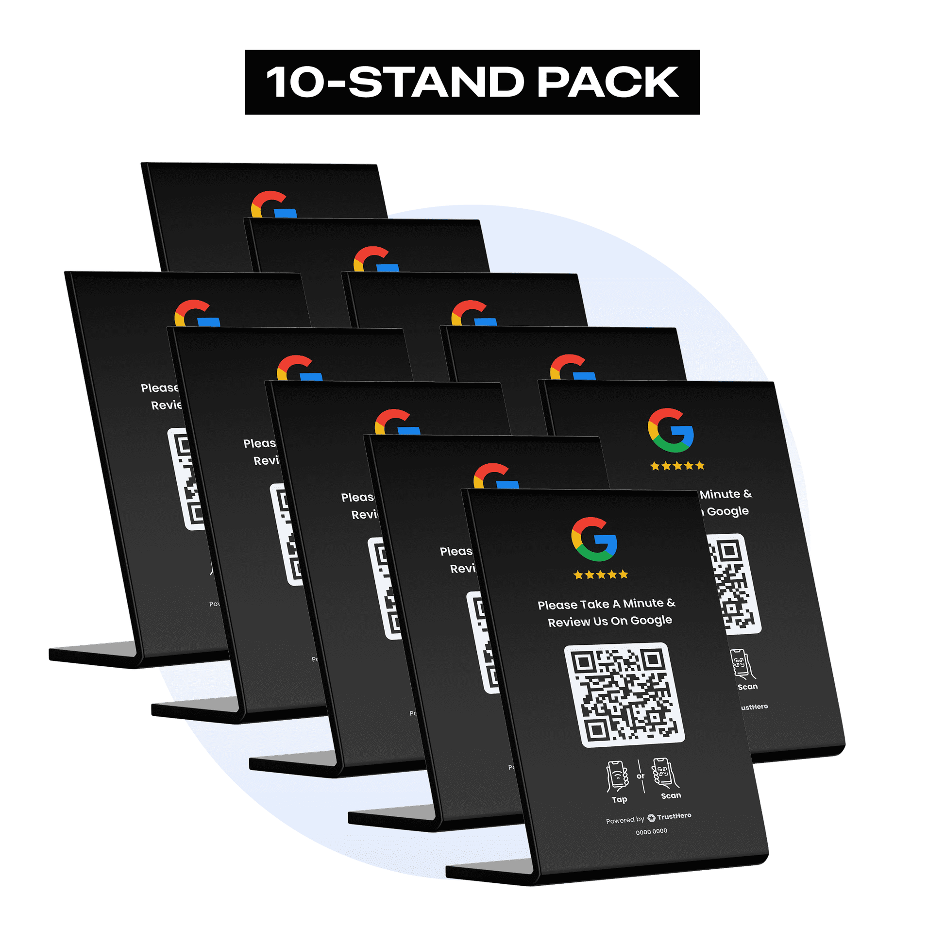 Pack of 3 black Google Review stands with QR codes and NFC chips for review collection.