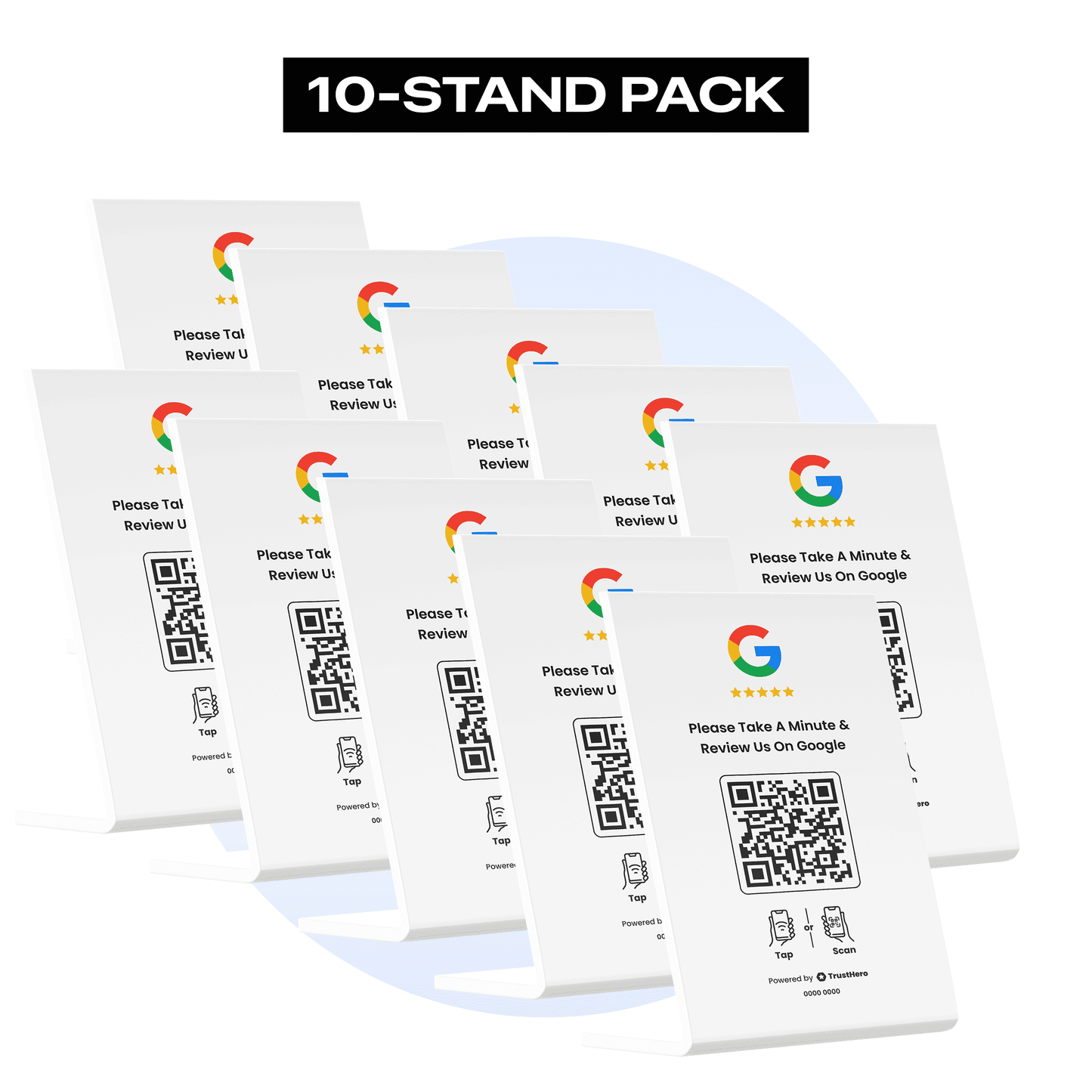 Pack of 10 white Google Review stands with QR codes and NFC chips for collecting reviews.