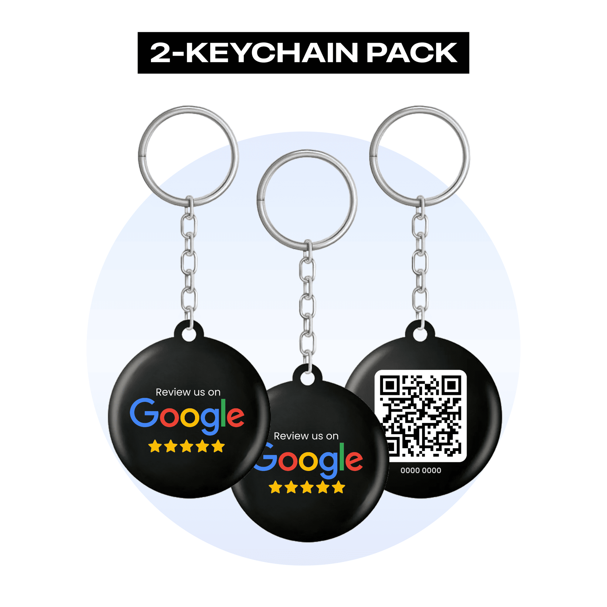 Pack of 2 Google Review keychains featuring QR codes and NFC chips for feedback collection.