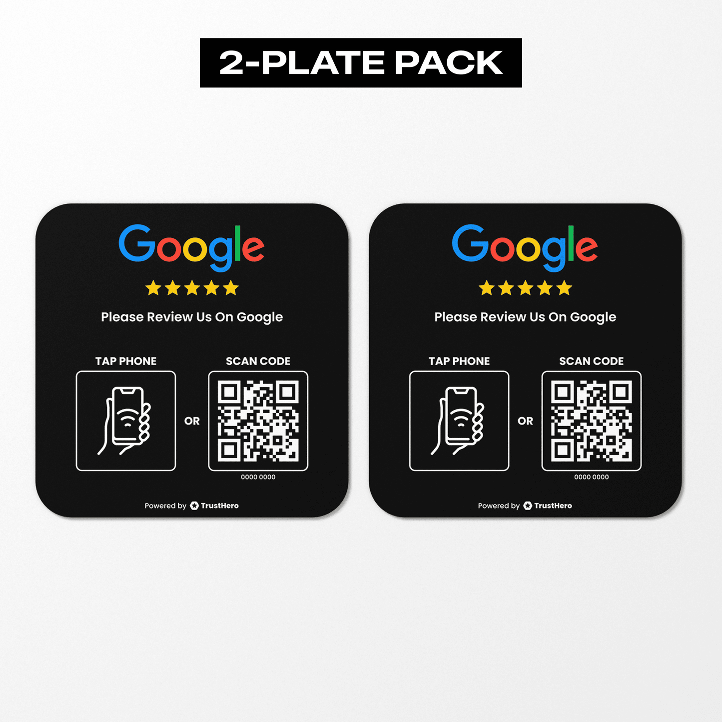 Pack of 2 black Google Review plates with QR codes and NFC chips for feedback collection.