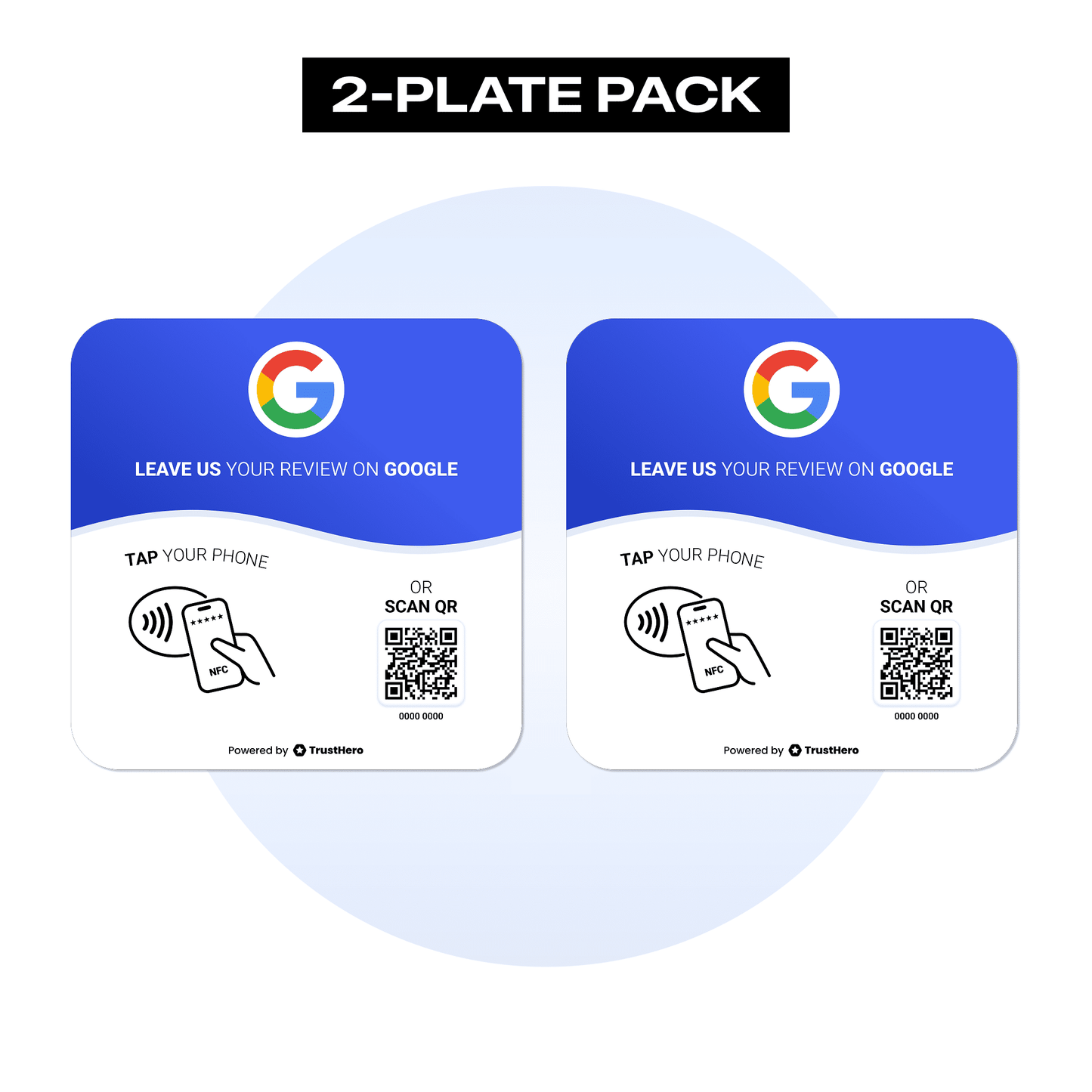 Pack of 2 Google Review plates featuring QR codes and NFC chips for feedback collection.