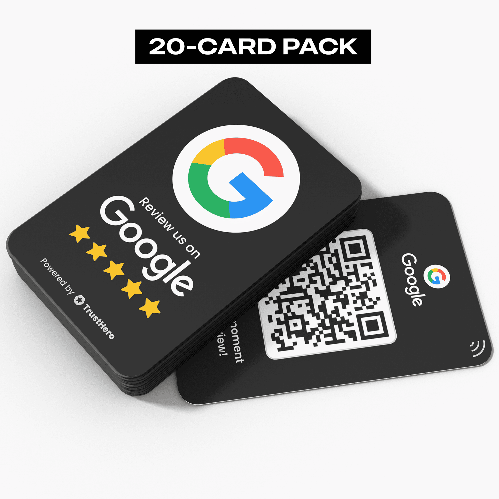 Pack of 20 black Google Review cards with QR codes and NFC chips for seamless feedback collection.