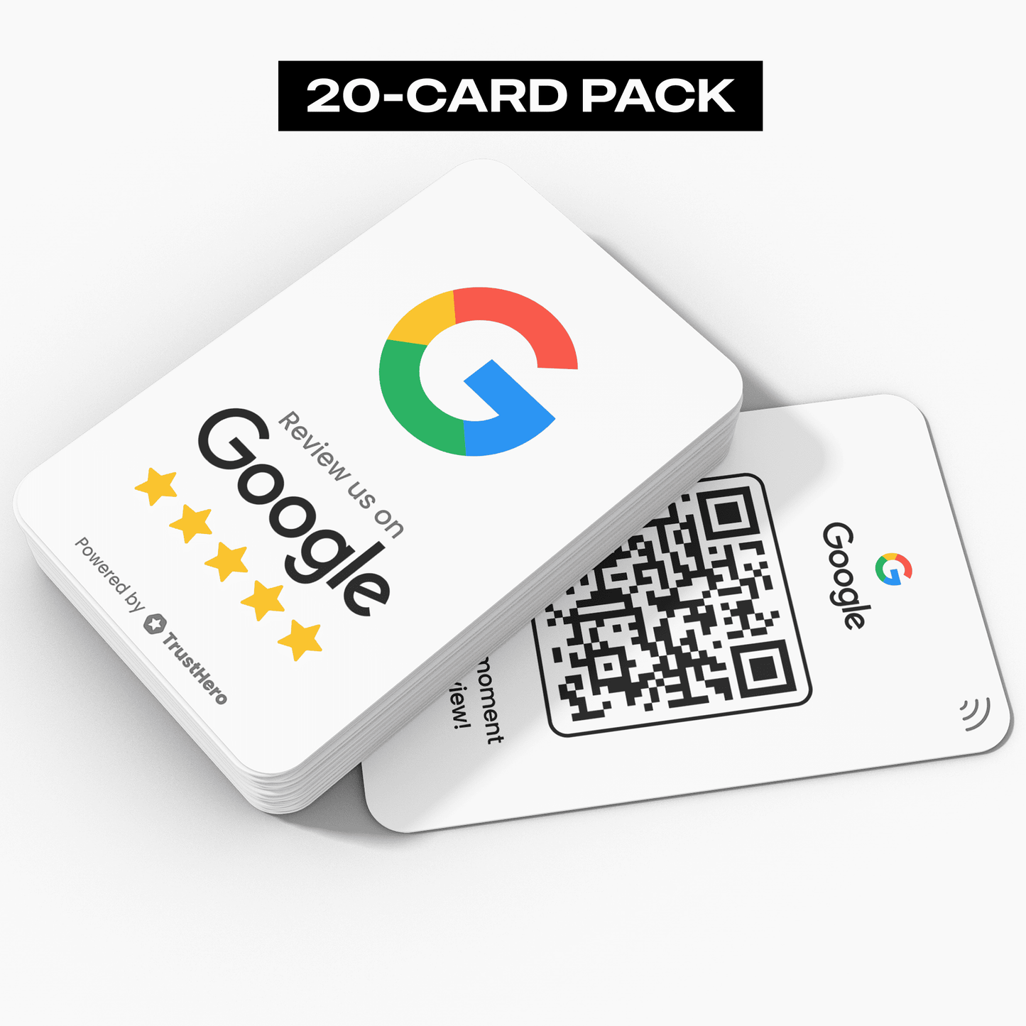 Pack of 20 white Google Review cards with QR codes and NFC chips for collecting reviews.