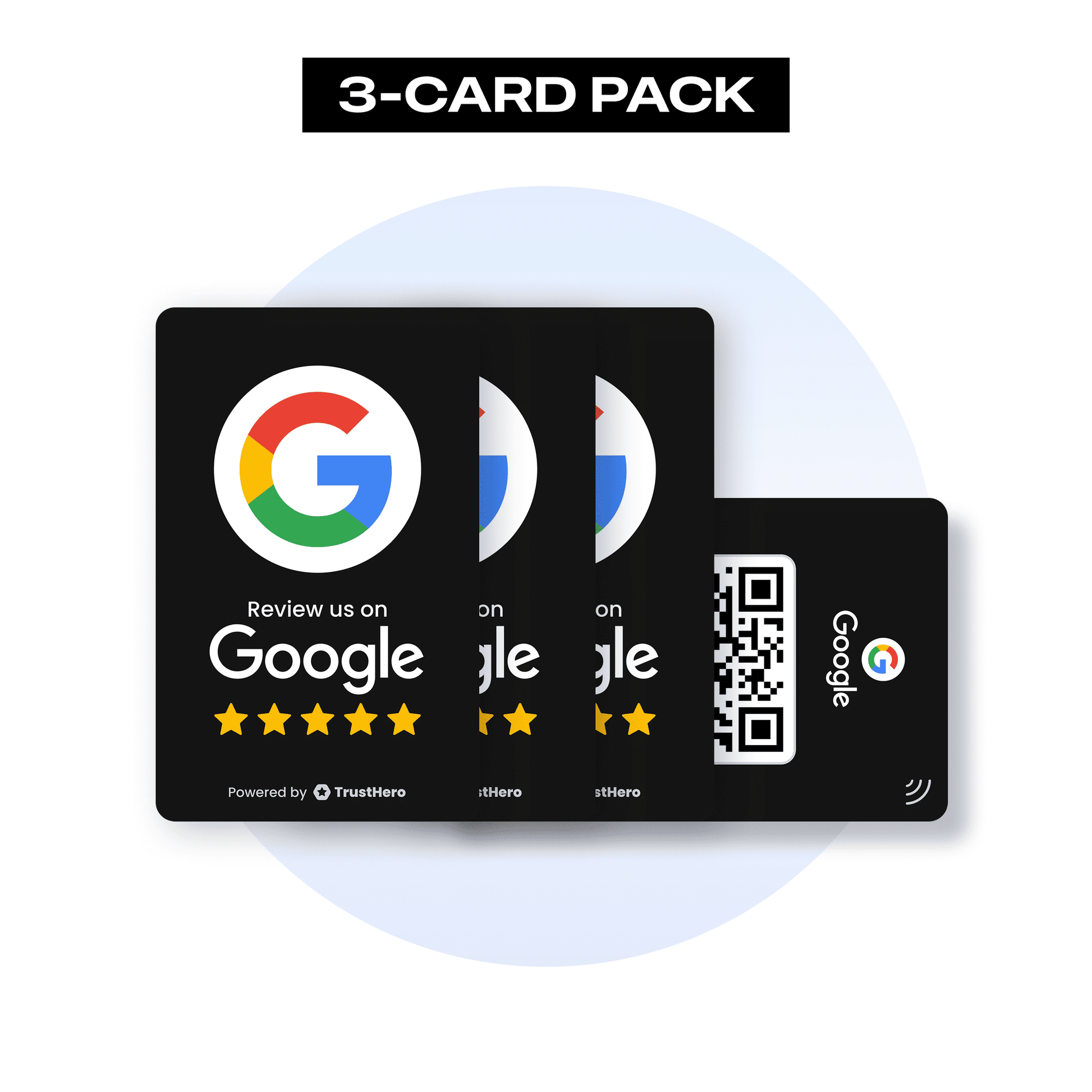 Pack of 3 black Google Review cards with QR codes and NFC chips for seamless feedback collection.
