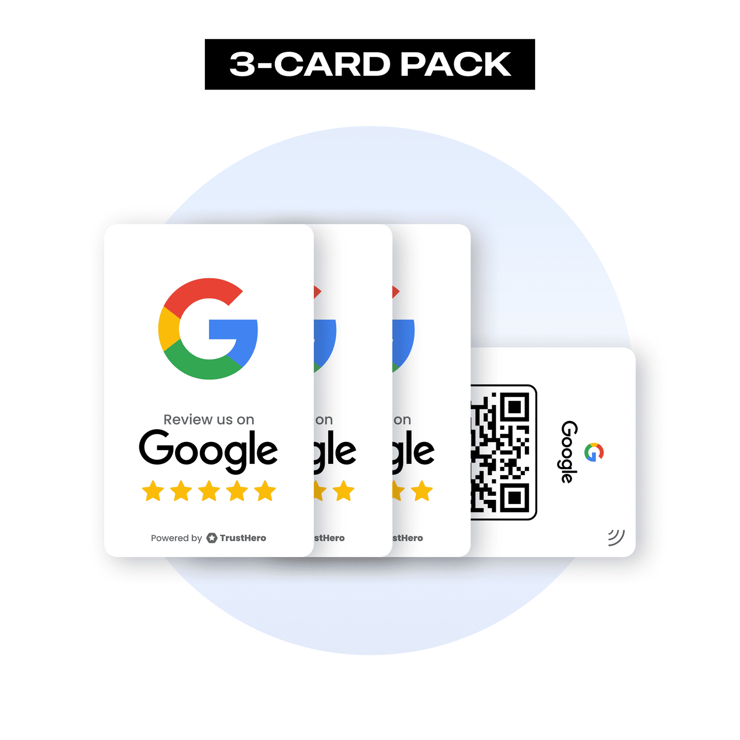 Pack of 3 white Google Review cards with QR codes and NFC chips for collecting reviews.