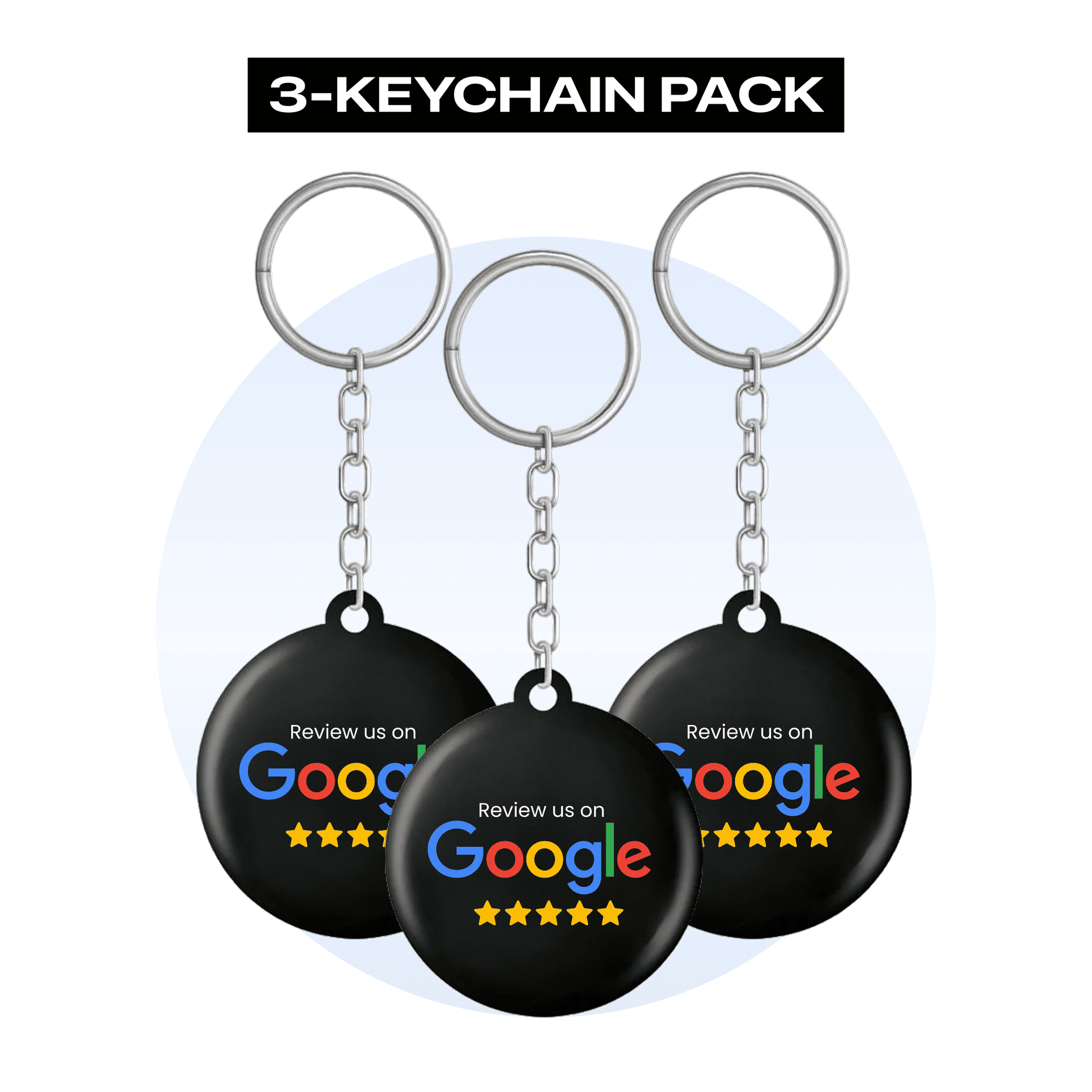 Pack of 3 Google Review keychains featuring QR codes and NFC chips for feedback collection.