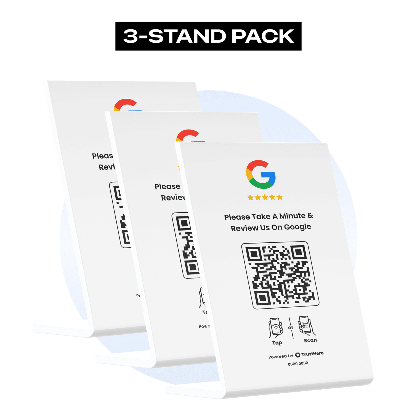 Pack of 3 white Google Review stands with QR codes and NFC chips for collecting reviews.