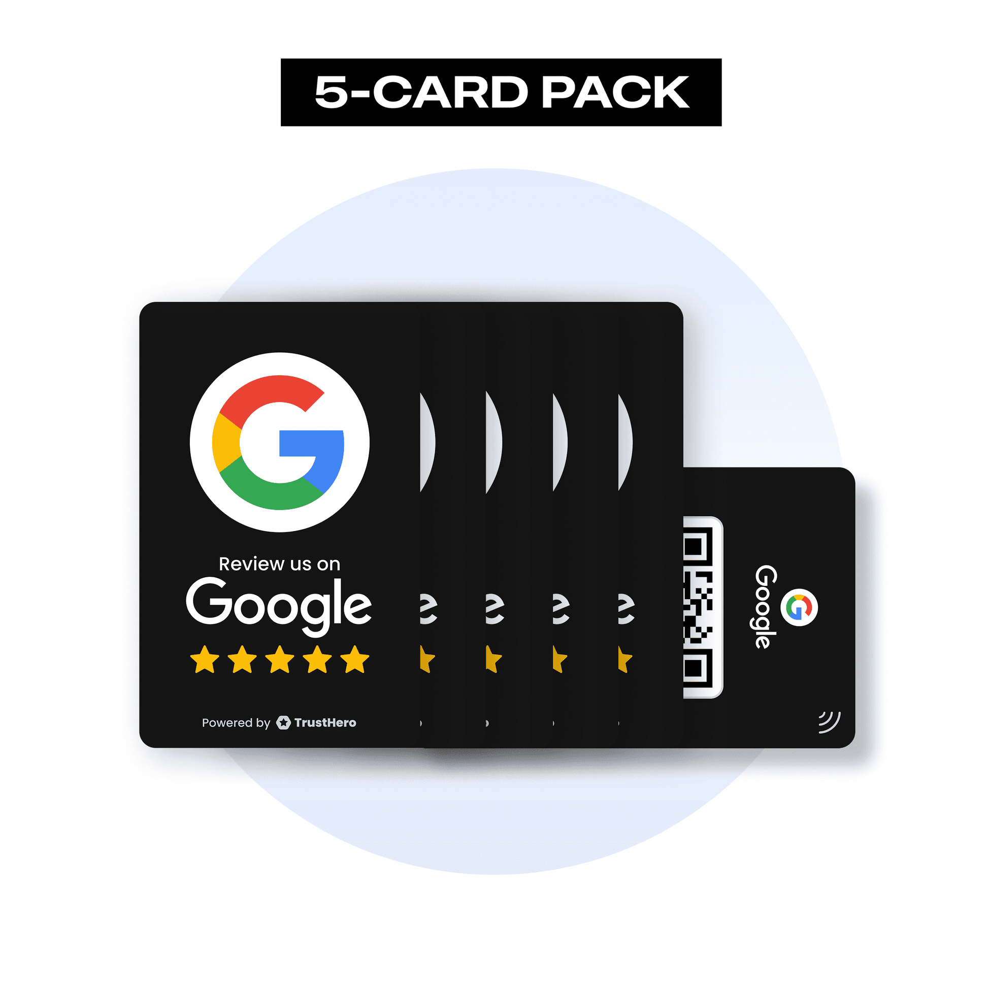 Pack of 5 black Google Review cards with QR codes and NFC chips for seamless feedback collection.