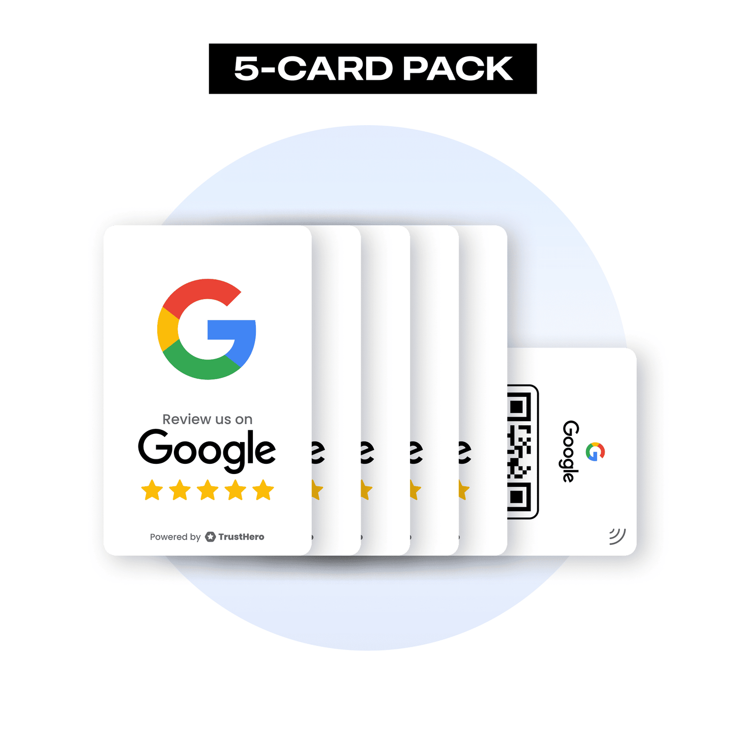 Pack of 5 white Google Review cards with QR codes and NFC chips for collecting reviews.