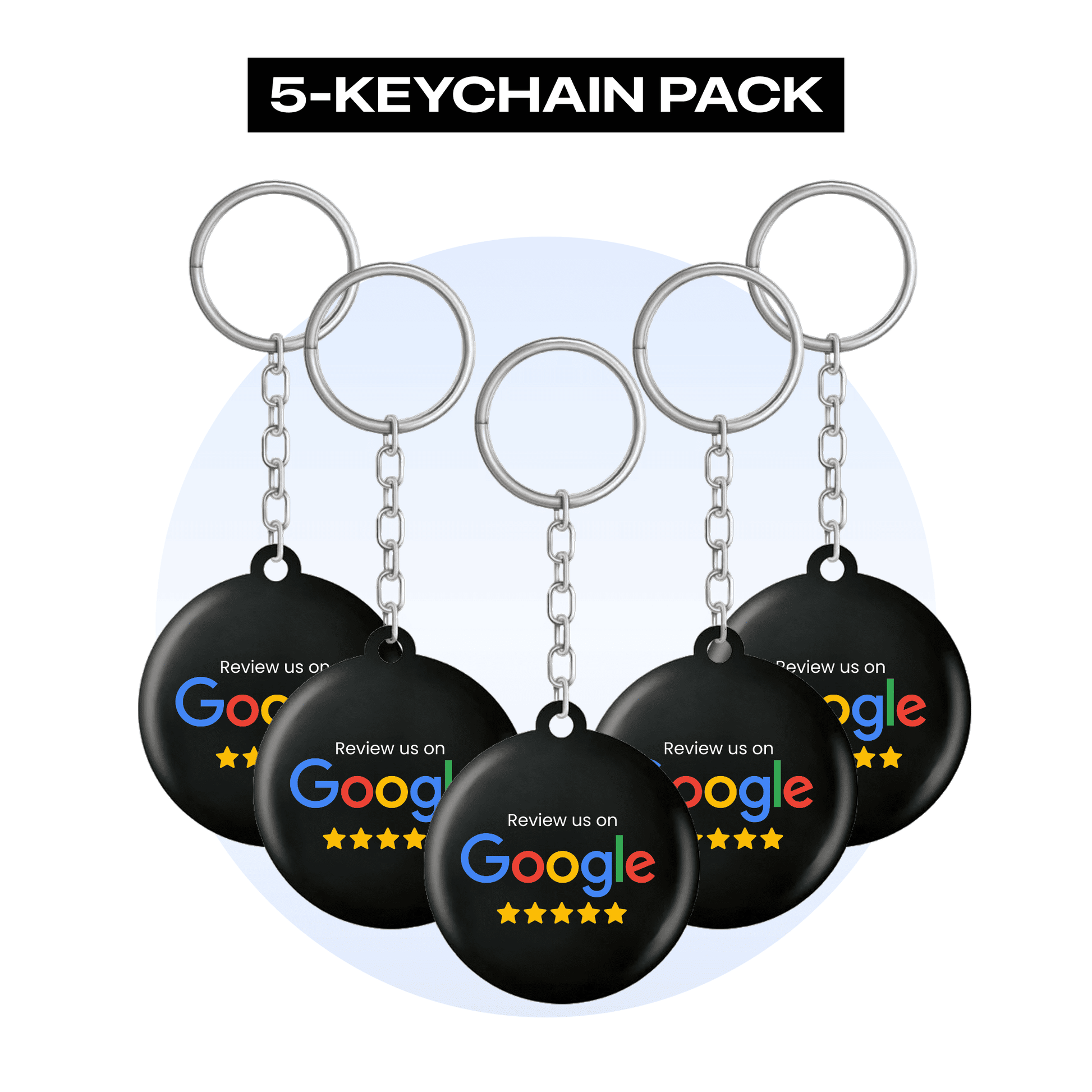 Pack of 5 Google Review keychains featuring QR codes and NFC chips for feedback collection.