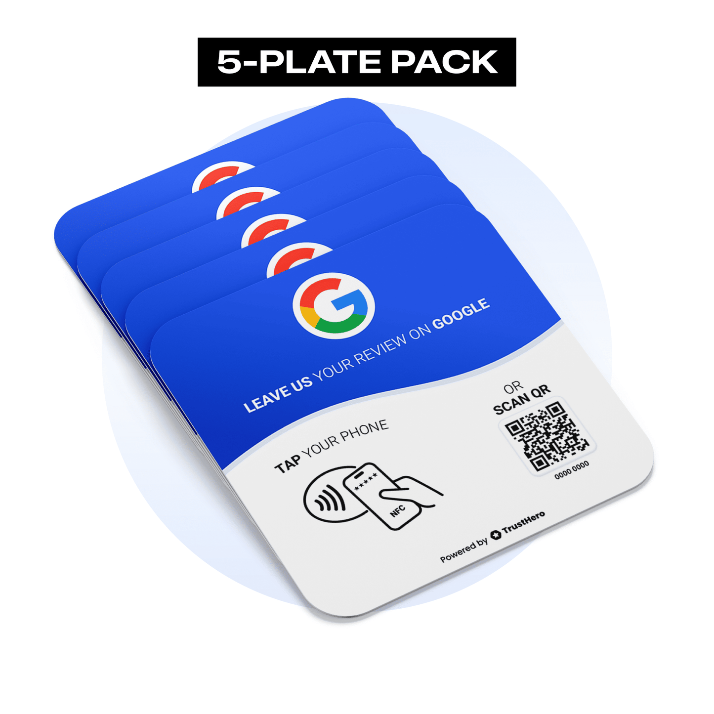 Pack of 5 Google Review plates featuring QR codes and NFC chips for feedback collection.