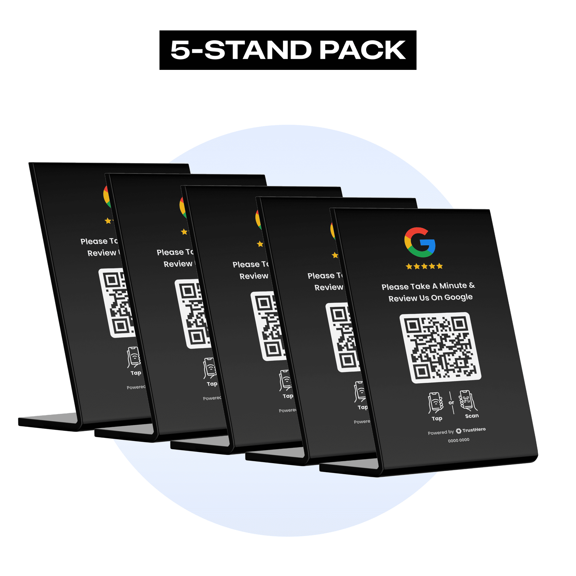 Pack of 3 black Google Review stands with QR codes and NFC chips for review collection.