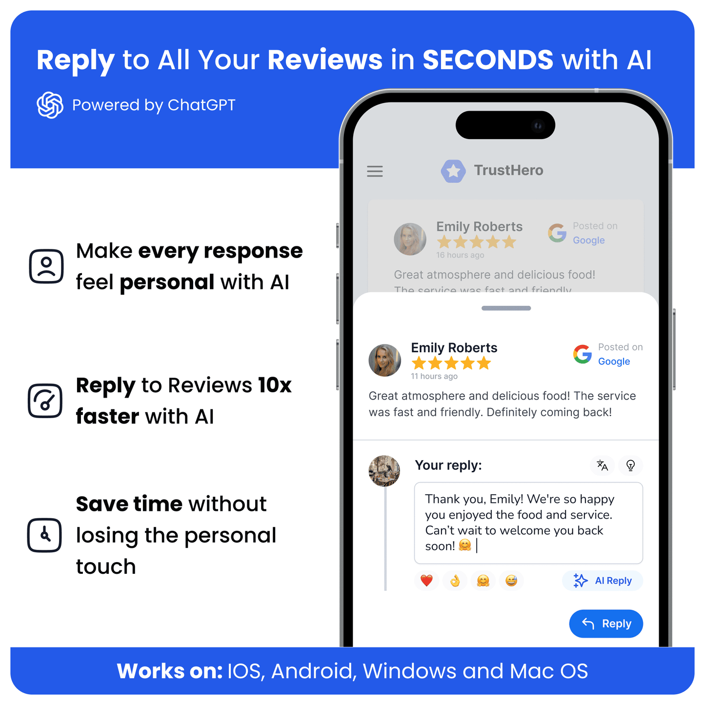 Interface for replying to customer reviews using AI, powered by ChatGPT. The screen displays a review from a customer, rated 5 stars, with a suggested reply generated by the system. A button labeled 'Generate reply' is highlighted, emphasizing automated response capabilities.