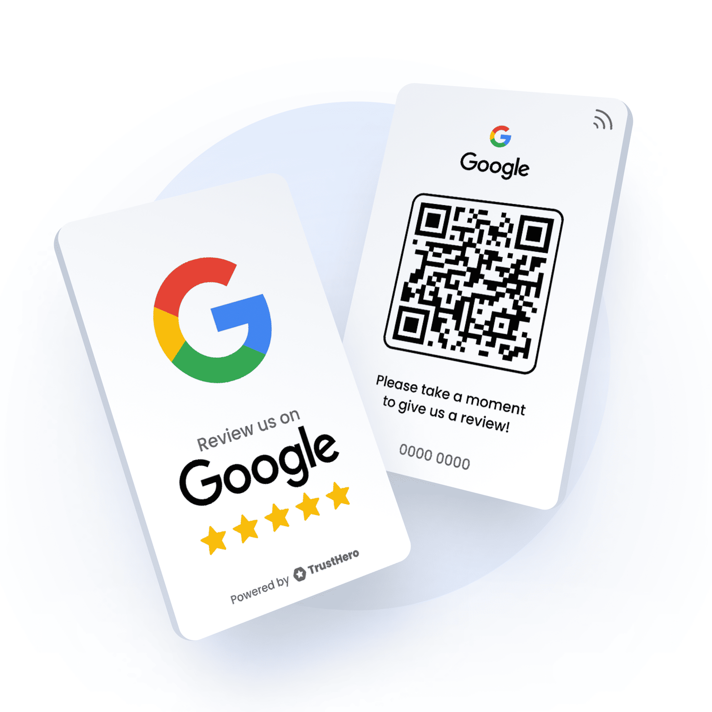 Single white Google Review card with QR code and NFC chip for customer feedback.