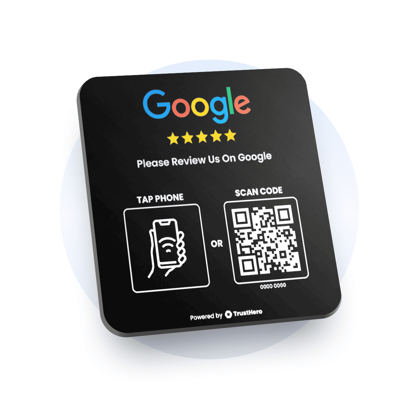 Single black Google Review plate with QR code and NFC chip for collecting customer feedback.