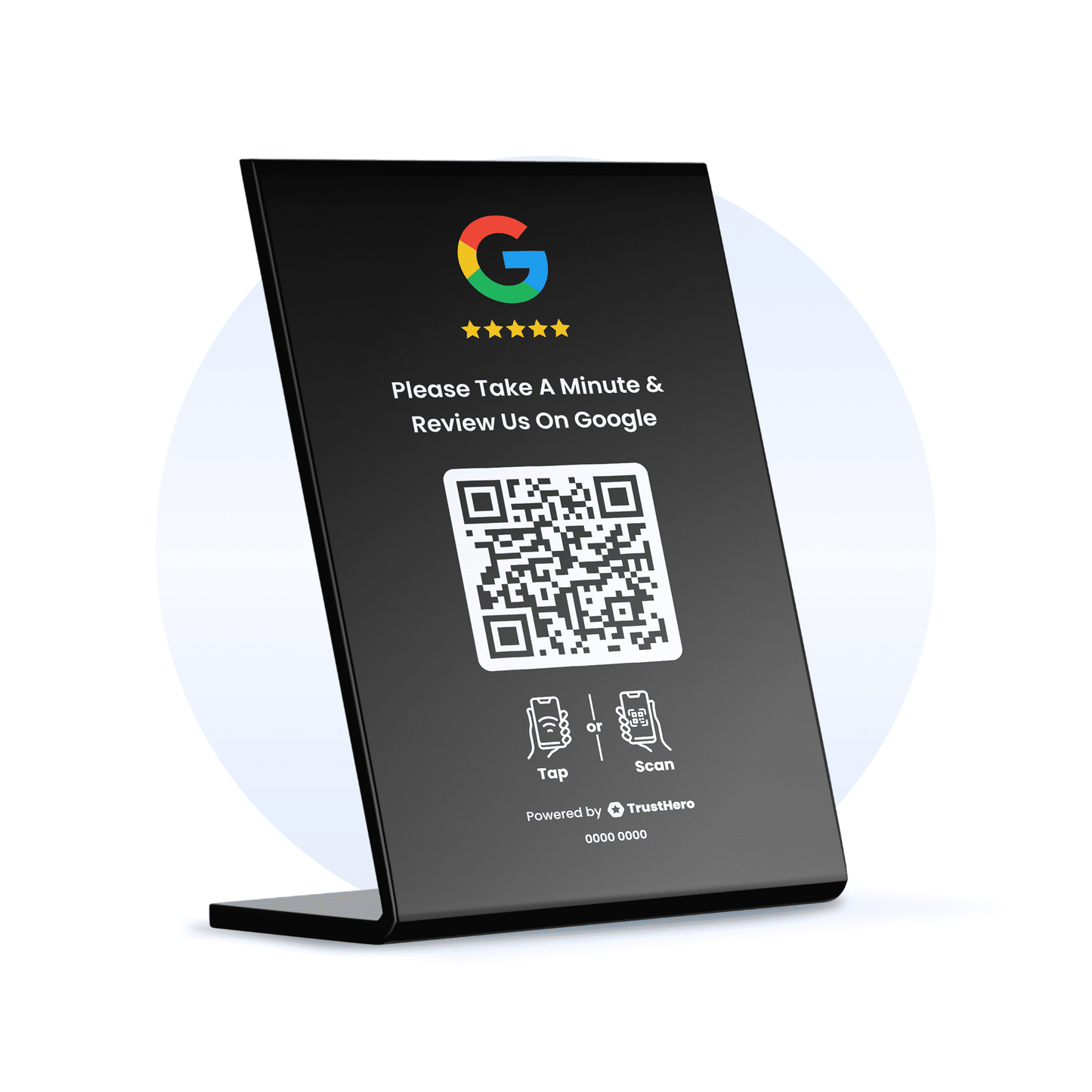 Single black Google Review stand with QR code and NFC chip for collecting customer feedback.