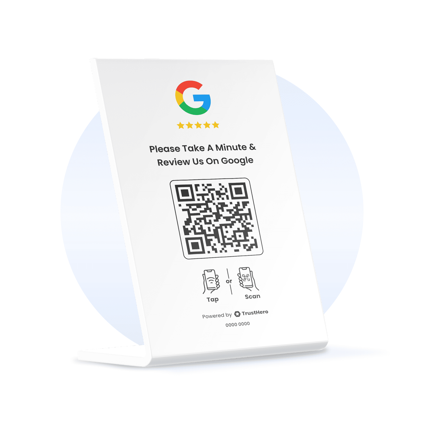 Single white Google Review stand with QR code and NFC chip for easy feedback collection.