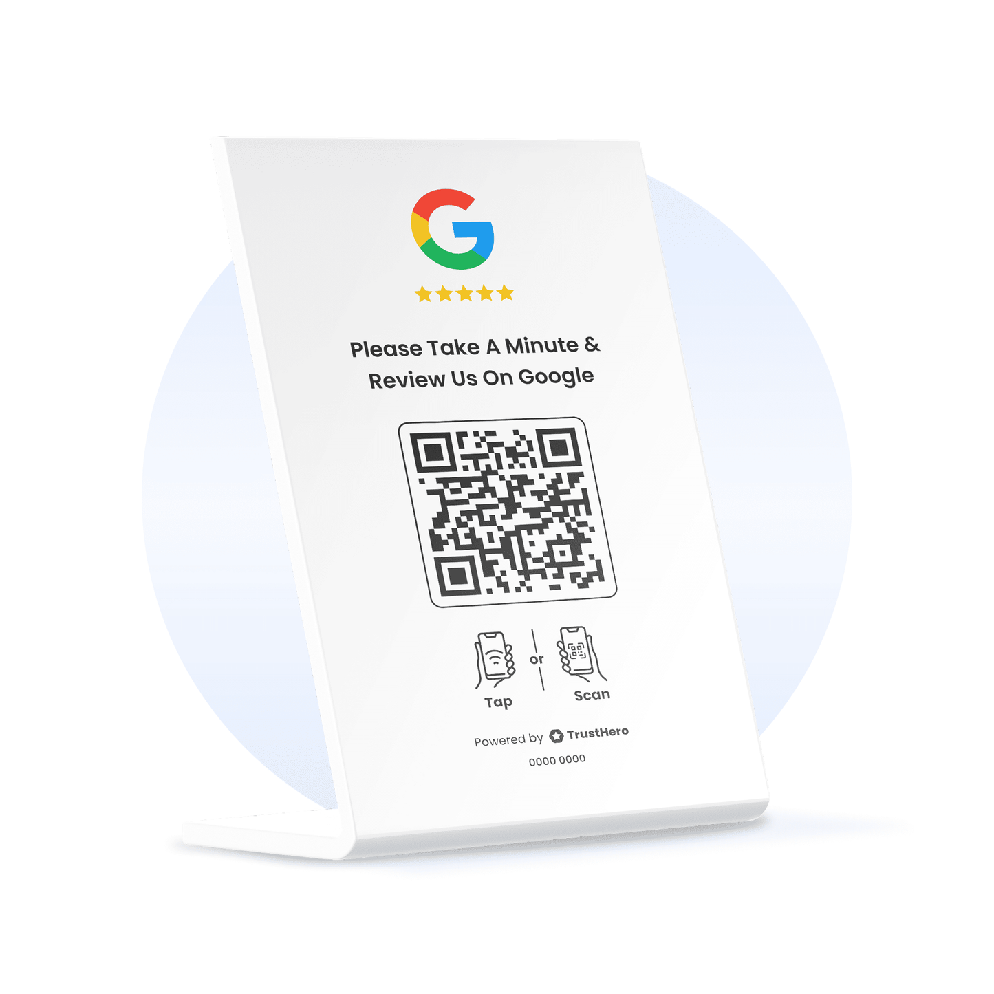 Single white Google Review stand with QR code and NFC chip for easy feedback collection.