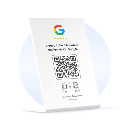 Single white Google Review stand with QR code and NFC chip for easy feedback collection.
