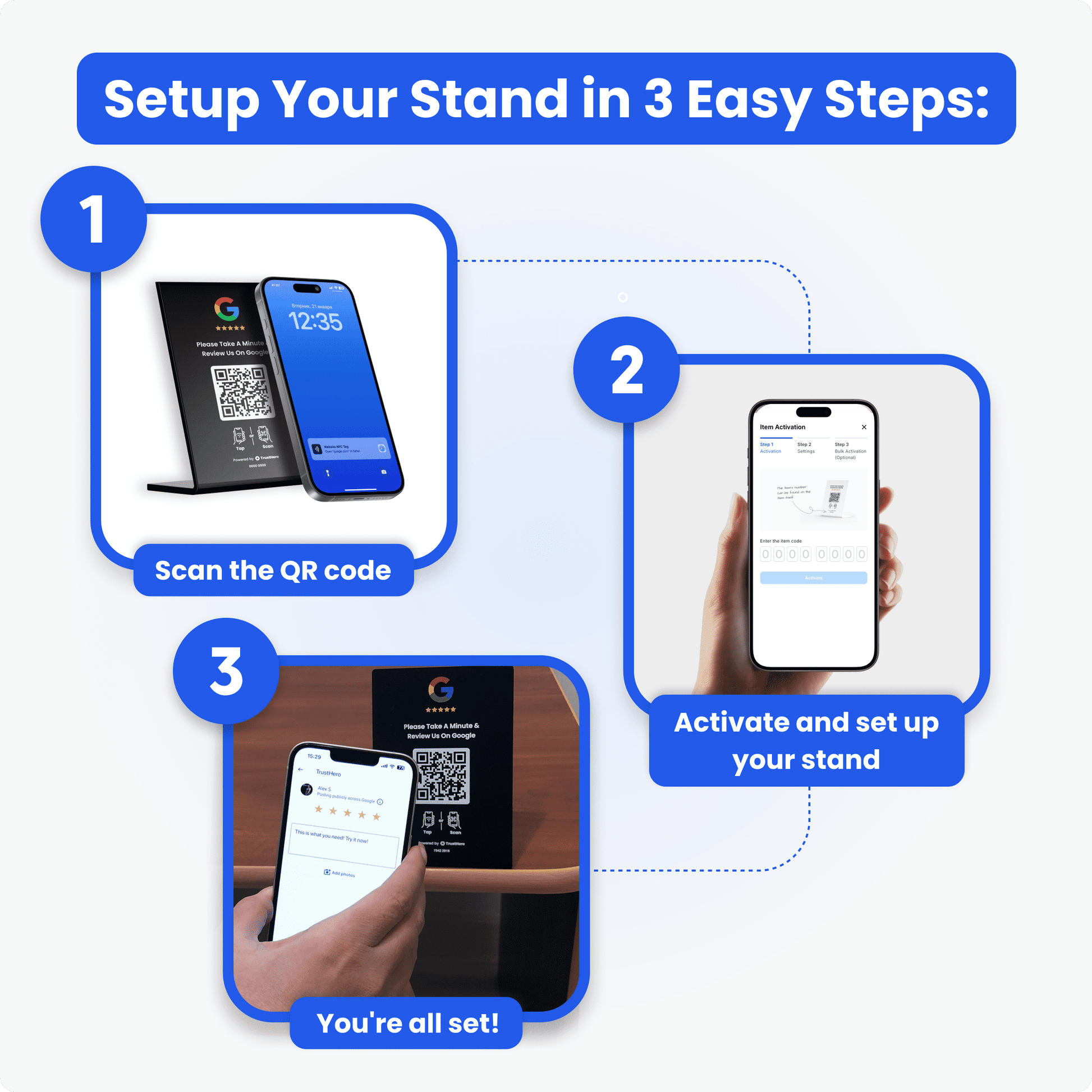 A step-by-step guide for setting up the Google Review Stand by TrustHero in 3 easy steps. Step 1: Scan the QR code on the stand using your phone. Step 2: Activate and set up your stand through the TrustHero app. Step 3: Once activated, you are ready to collect Google reviews. The images show a phone scanning the QR code, a hand using the TrustHero app for activation, and the finished setup with the stand placed on a counter.