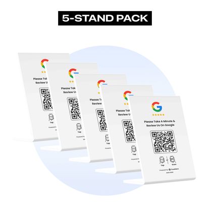 Pack of 5 white Google Review stands with QR codes and NFC chips for collecting reviews.