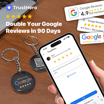 TrustHero Keychain with Google logo and 'Review us on' text placed on a table, alongside a smartphone showing a 5-star Google review interface. Boost your Google reviews in 90 days with TrustHero.