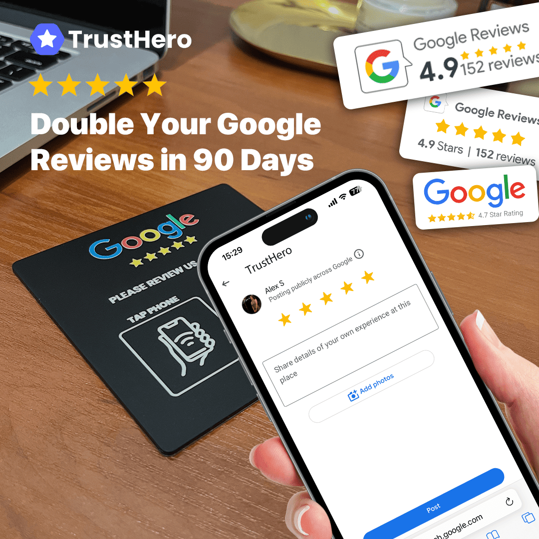 TrustHero plate white with Google logo and 'Please Review Us On Google' text placed on a table, alongside a smartphone showing a 5-star Google review interface. Boost your Google reviews in 90 days with TrustHero.