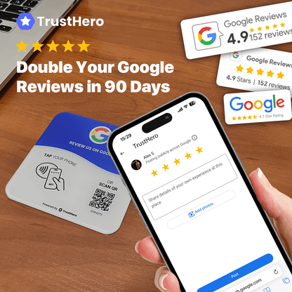 TrustHero plate white with Google logo and 'Please Review Us On Google' text placed on a table, alongside a smartphone showing a 5-star Google review interface. Boost your Google reviews in 90 days with TrustHero.