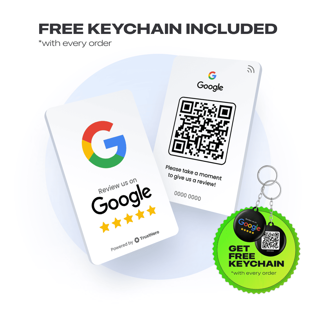 Single white Google Review card with QR code and NFC chip for customer feedback.