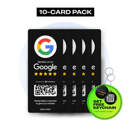 Pack of 10 black Google Review cards featuring QR codes and NFC chips for collecting customer reviews.