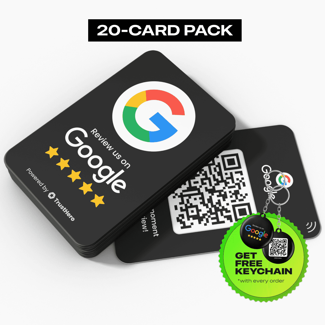 Set of 20 black Google Review cards with integrated QR codes and NFC chips for feedback collection.