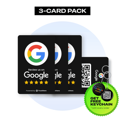 Pack of 3 black Google Review cards with QR codes and NFC chips for seamless feedback collection.