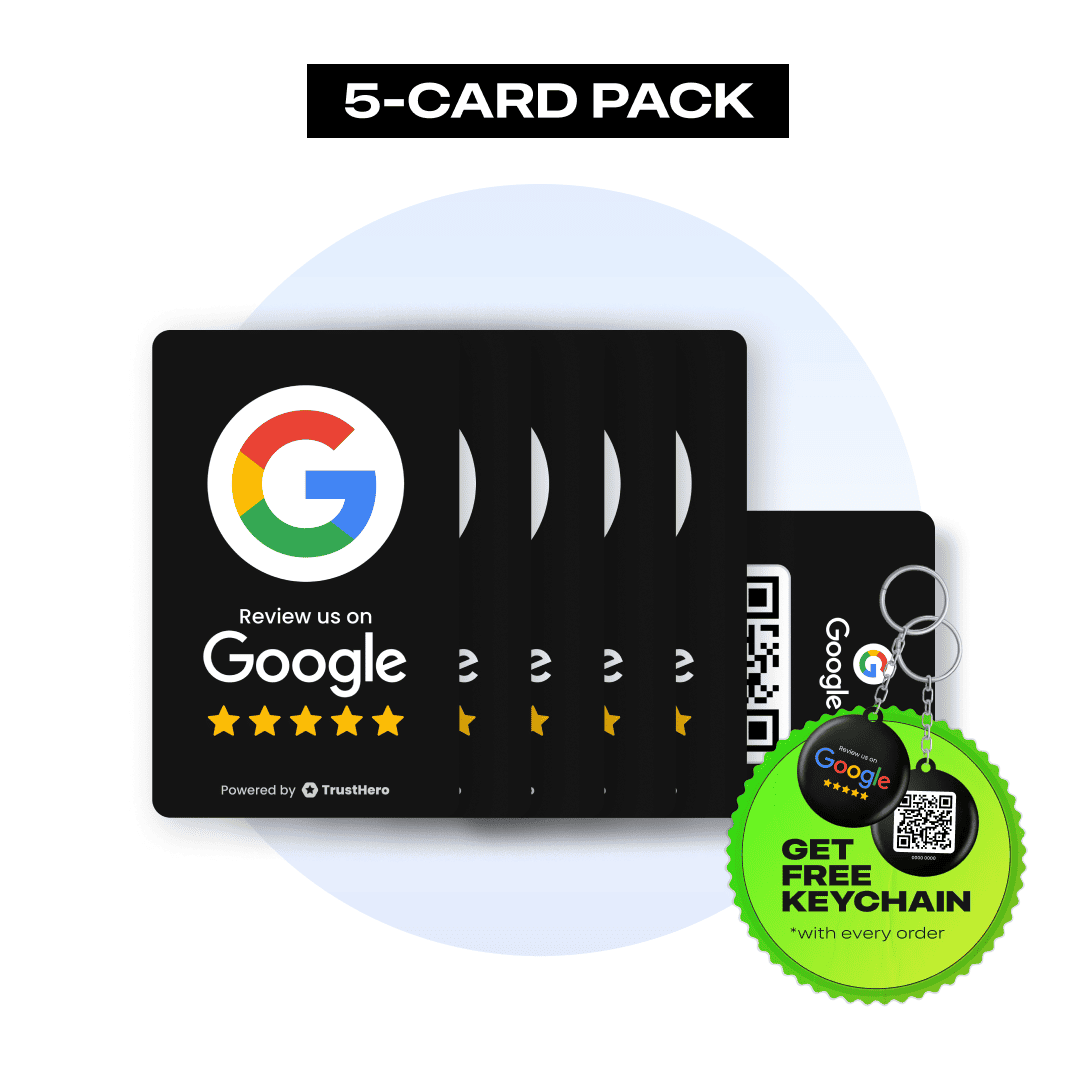 Set of 5 black Google Review cards with QR codes and NFC chips for easy review collection.