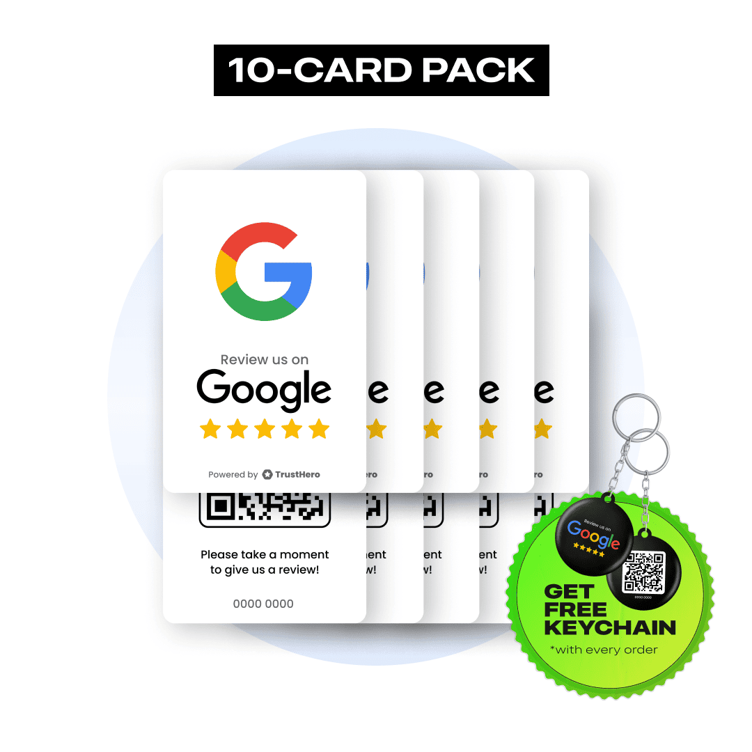 Pack of 10 white Google Review cards featuring QR codes and NFC chips for review collection.