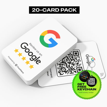 Set of 20 white Google Review cards with integrated QR codes and NFC chips for collecting customer reviews.