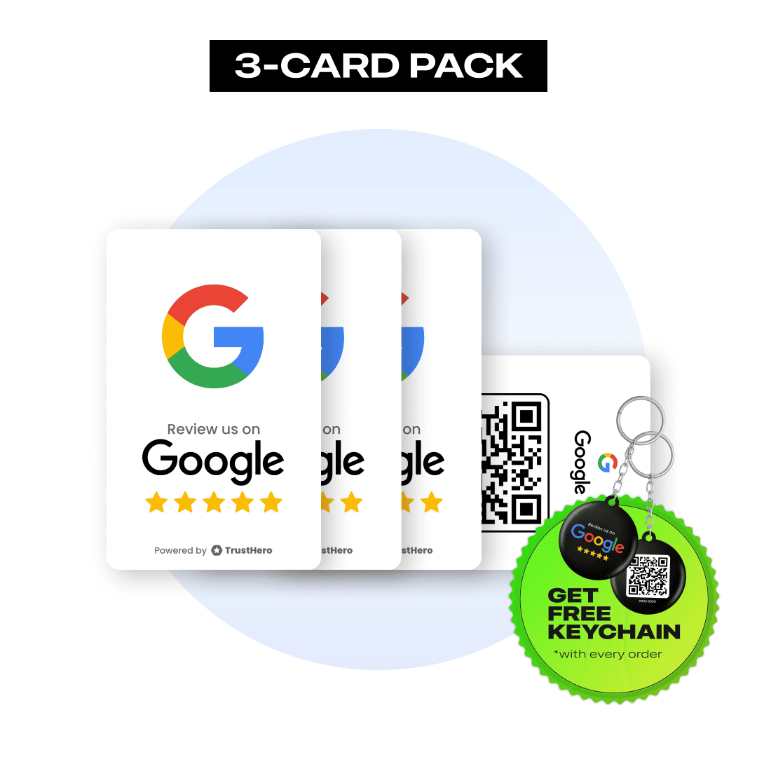 Pack of 3 white Google Review cards with QR codes and NFC chips for collecting reviews.