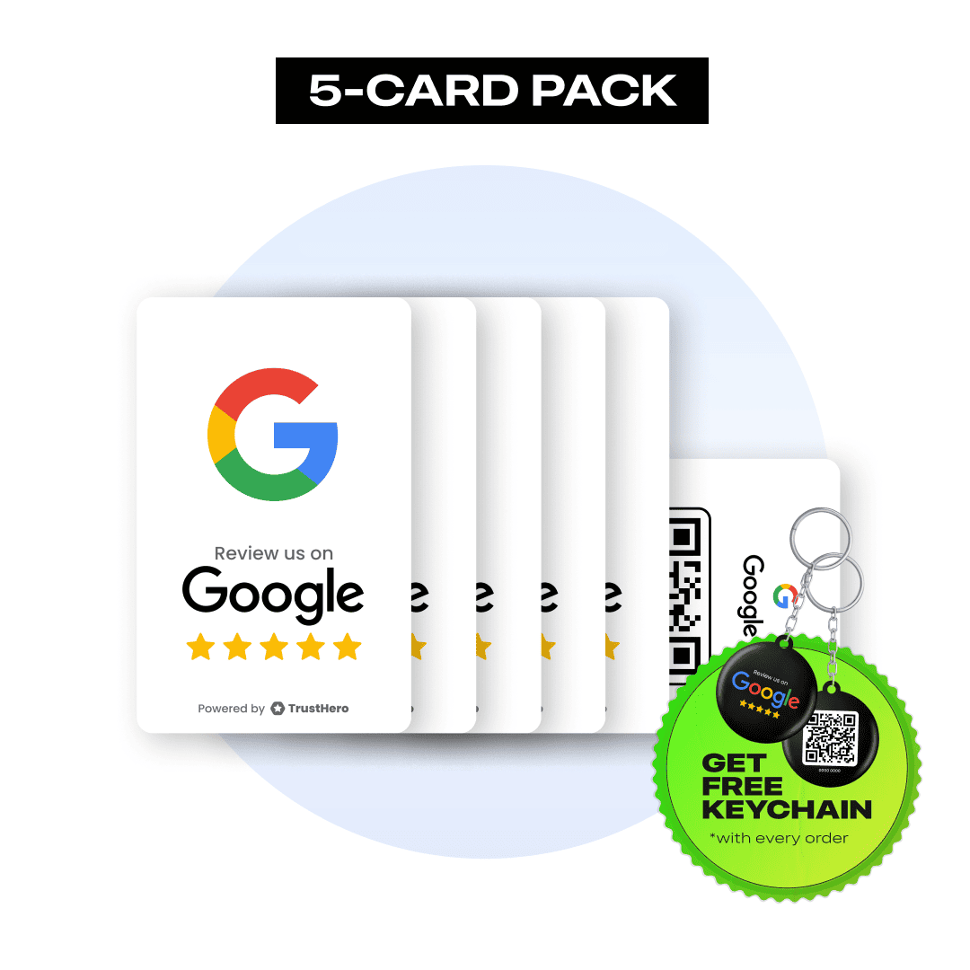 Set of 5 white Google Review cards with QR codes and NFC chips for seamless feedback collection.