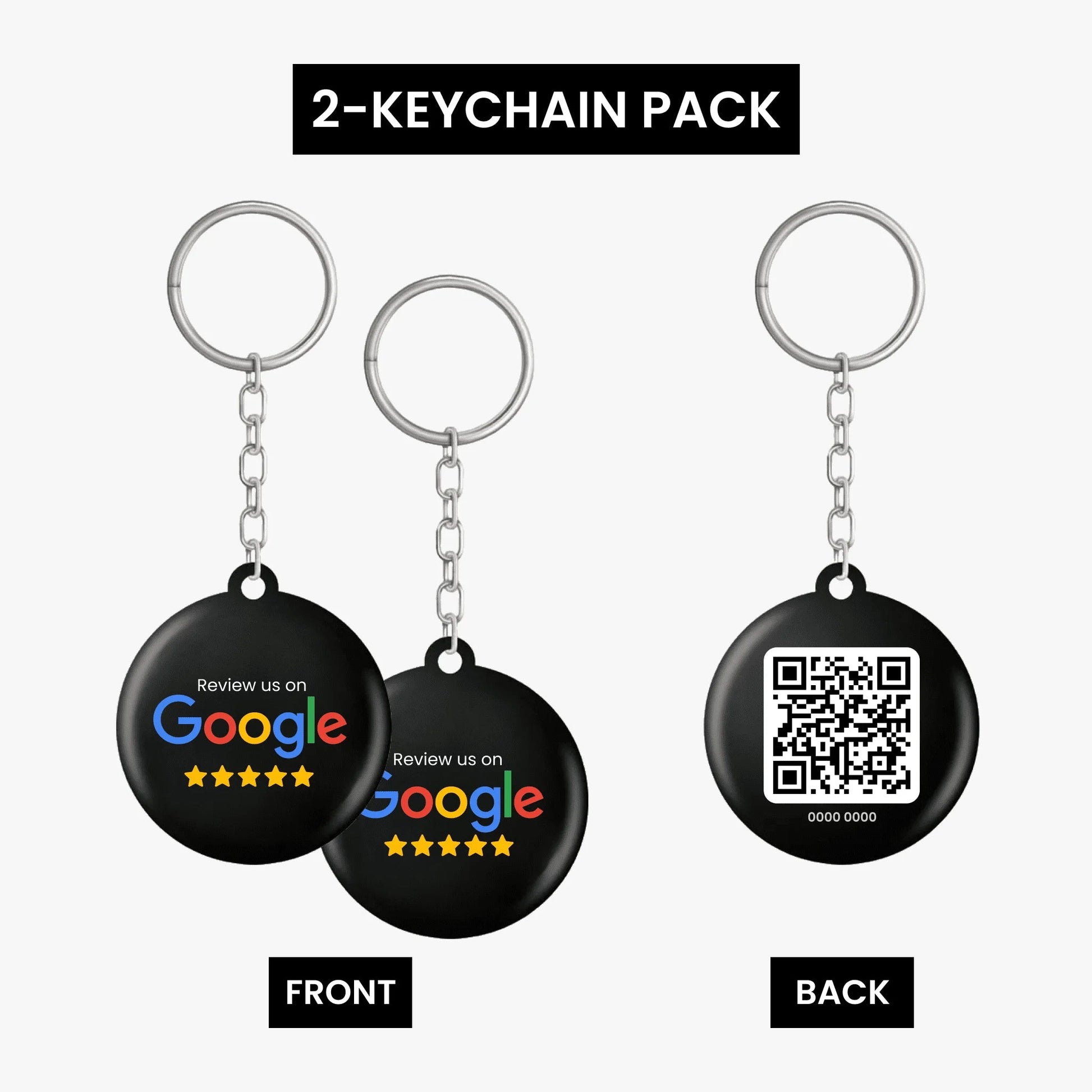 Pack of 2 Google Review keychains featuring QR codes and NFC chips for feedback collection.