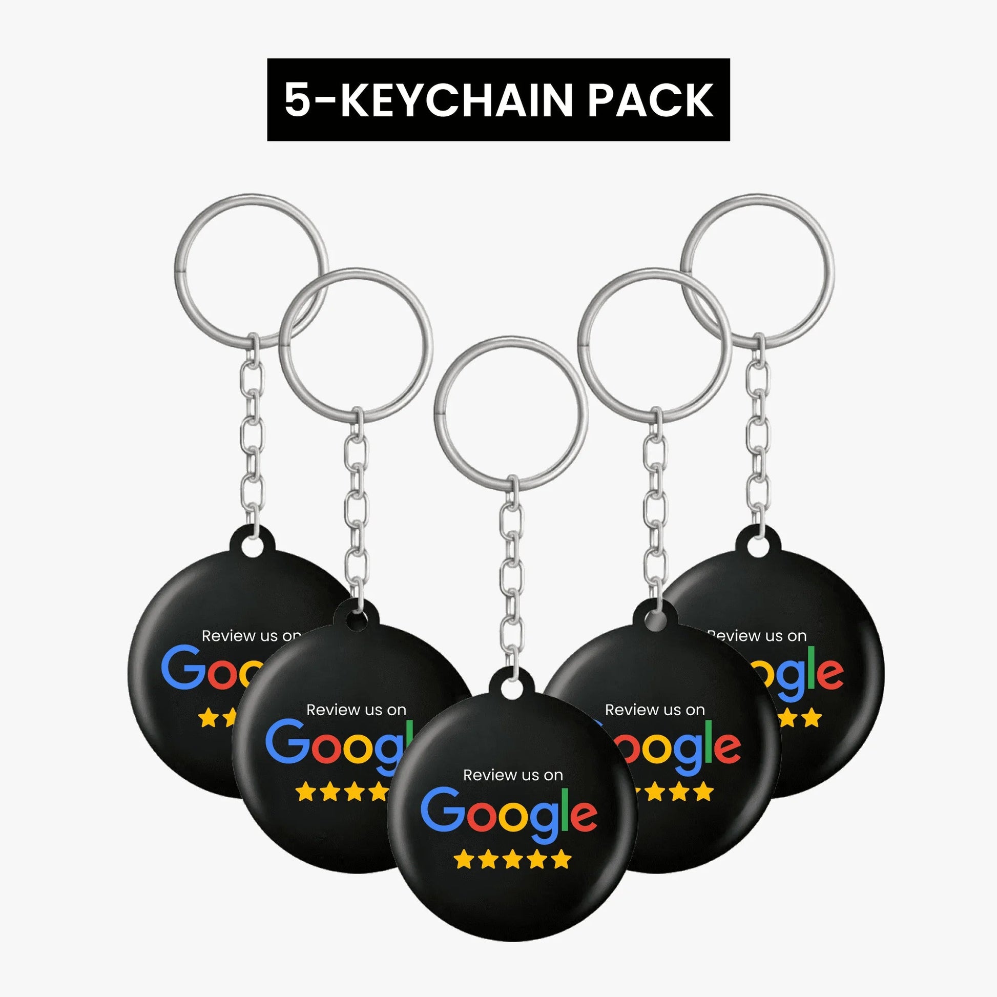 Pack of 5 Google Review keychains with integrated QR codes and NFC chips for easy feedback collection.