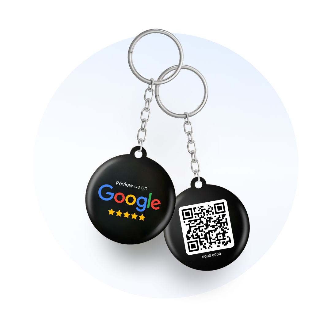 Single Google Review keychain with QR code and NFC chip for collecting customer feedback.