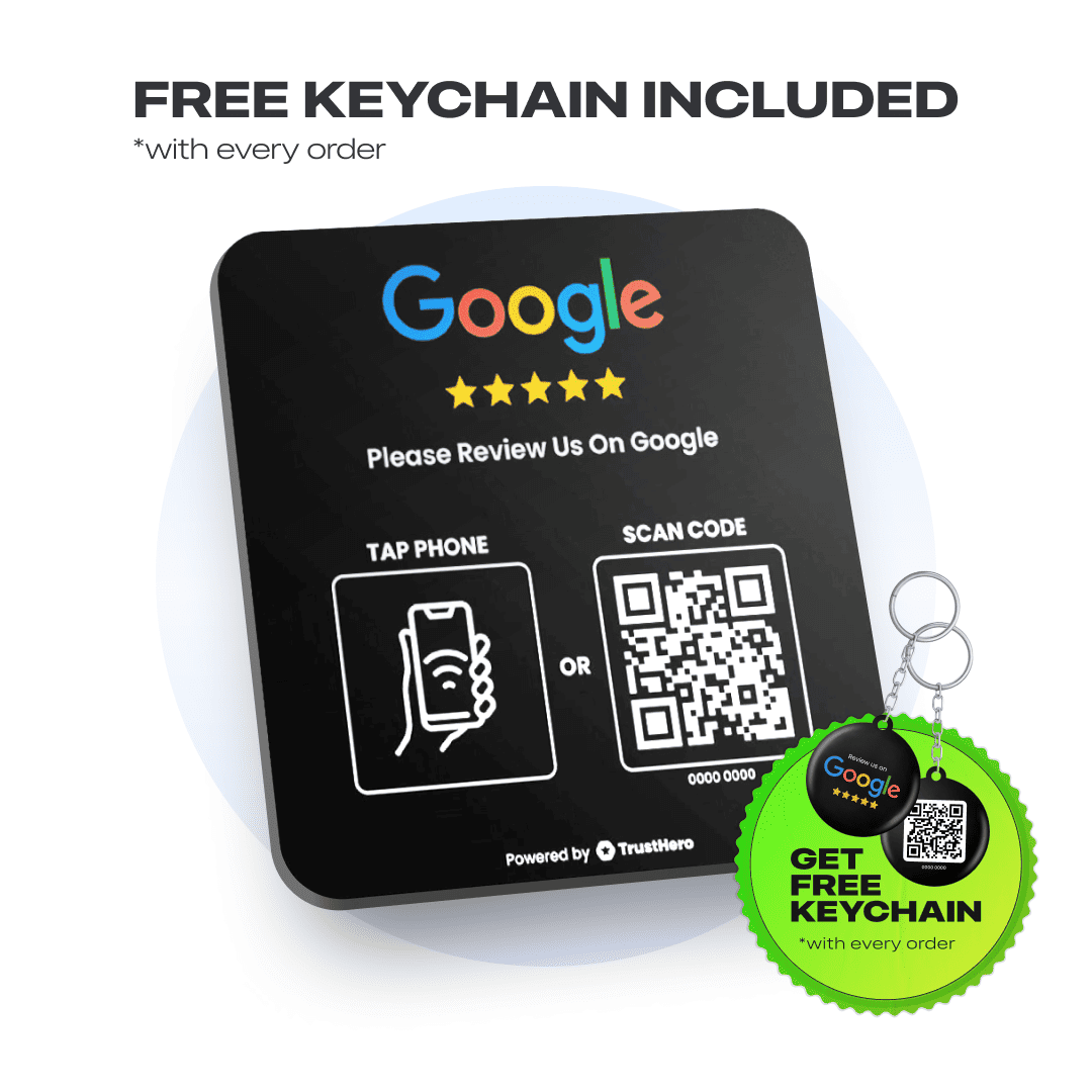 Single black Google Review plate with QR code and NFC chip for collecting customer feedback.