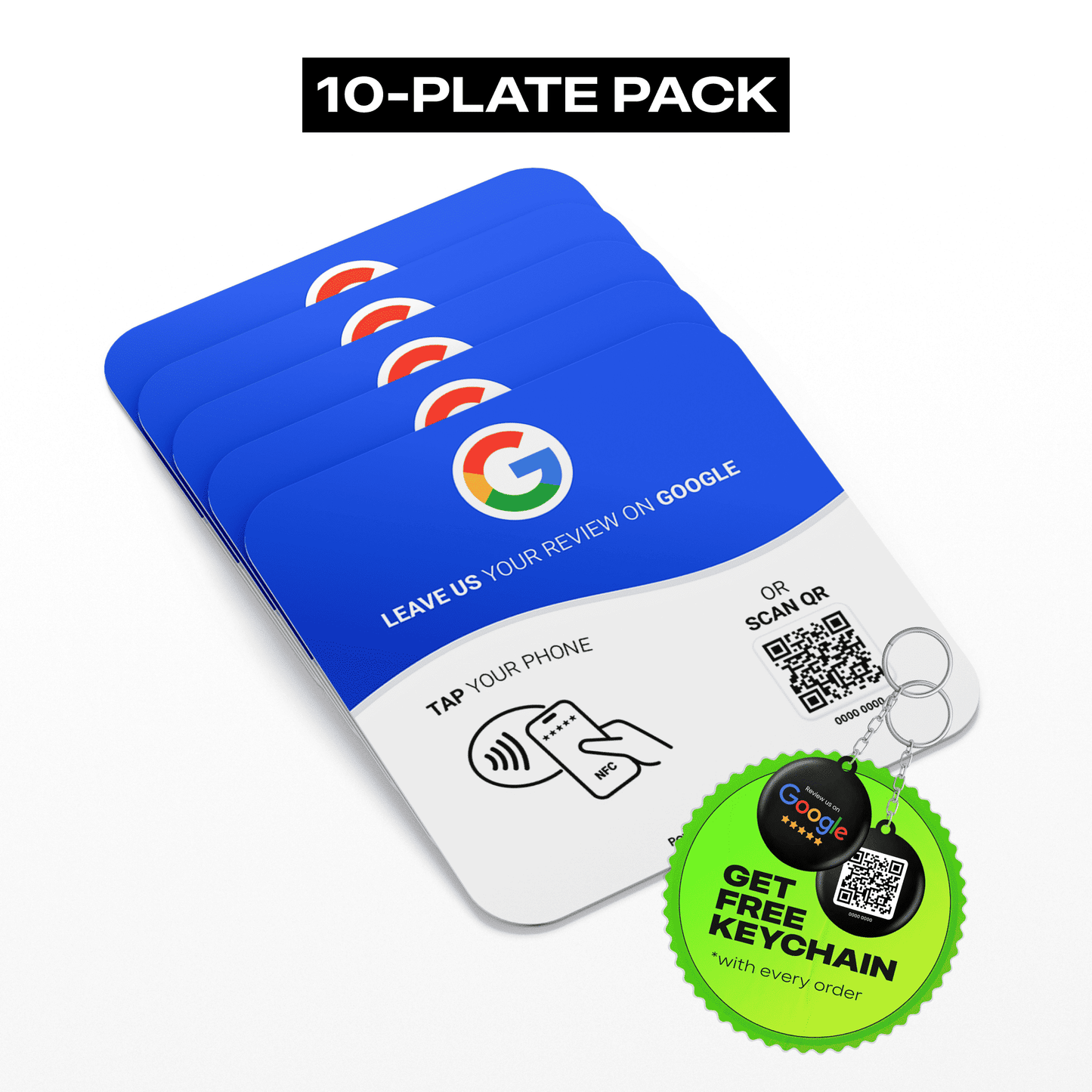 Pack of 10 Google Review plates with QR codes and NFC chips for customer feedback.