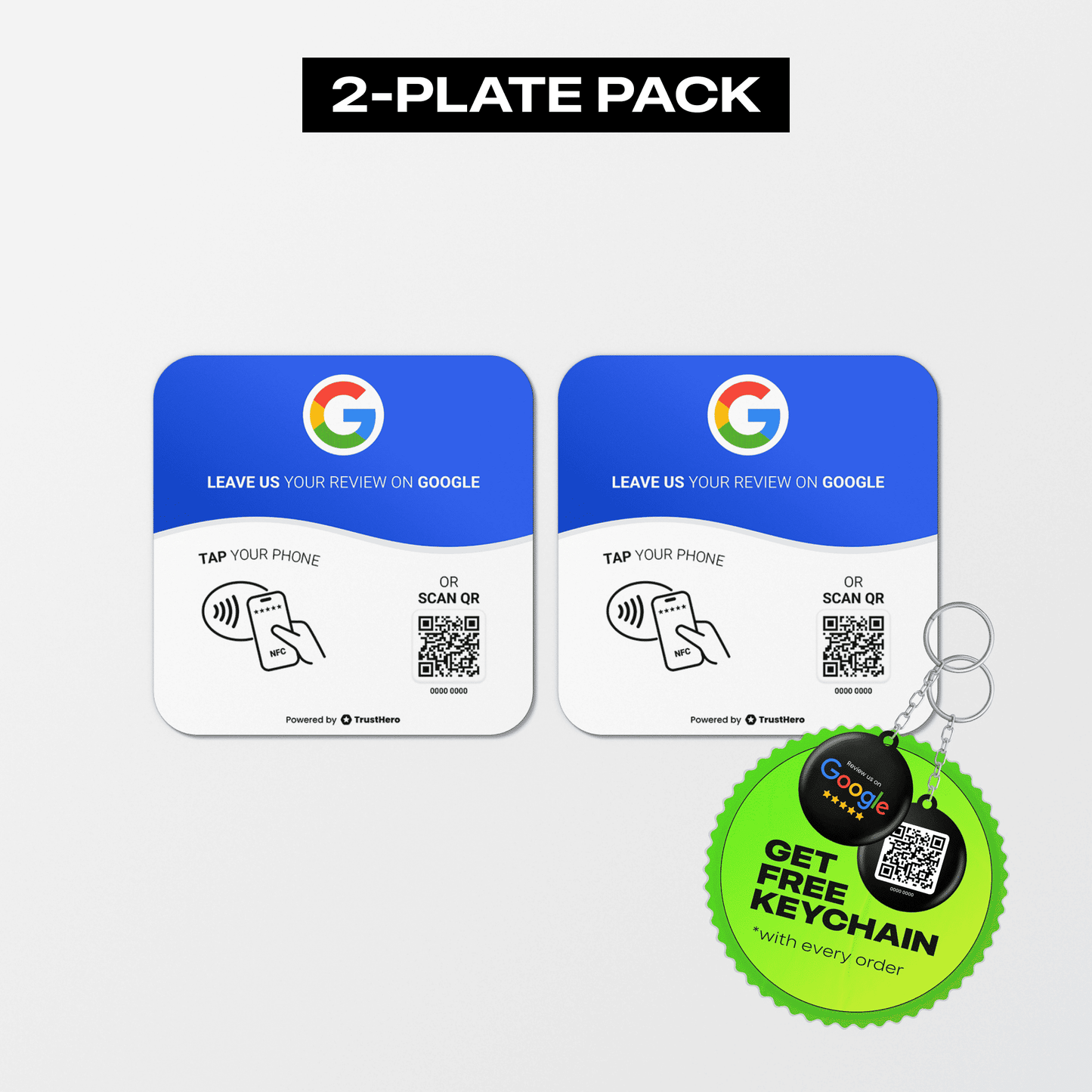 Pack of 2 Google Review plates featuring QR codes and NFC chips for feedback collection.