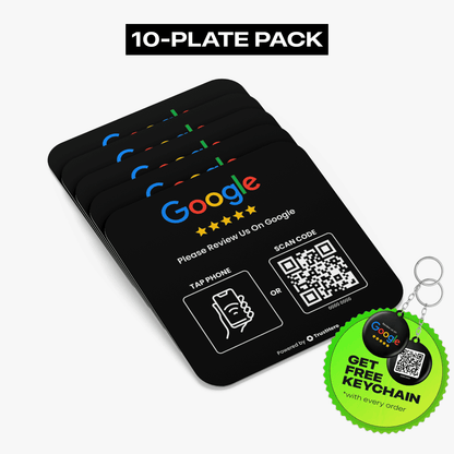 Pack of 10 black Google Review plates with integrated QR codes and NFC chips for customer feedback.