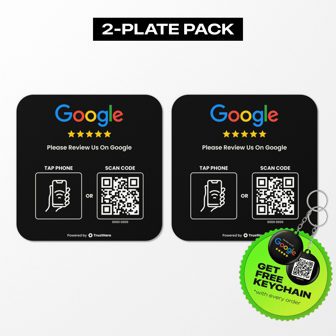 Pack of 2 black Google Review plates with QR codes and NFC chips for feedback collection.