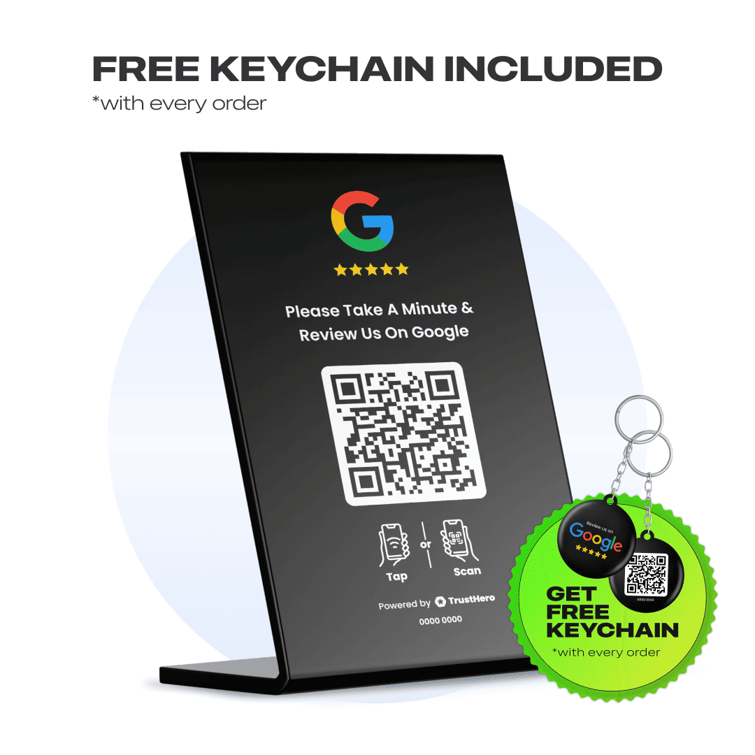 Single black Google Review stand with QR code and NFC chip for collecting customer feedback.