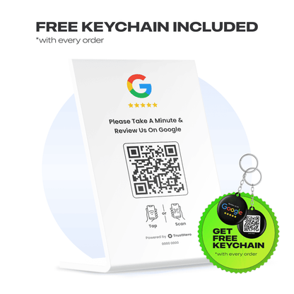 Single white Google Review stand with QR code and NFC chip for easy feedback collection.